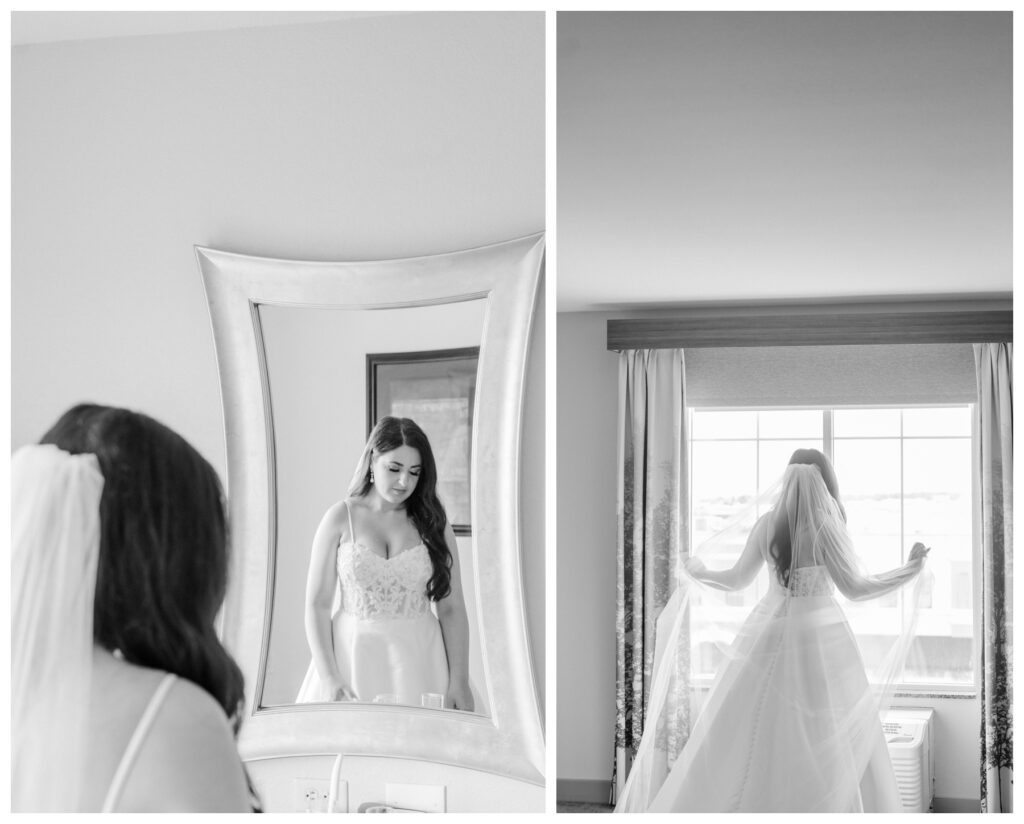the bride in black and white in the hotel room getting ready 