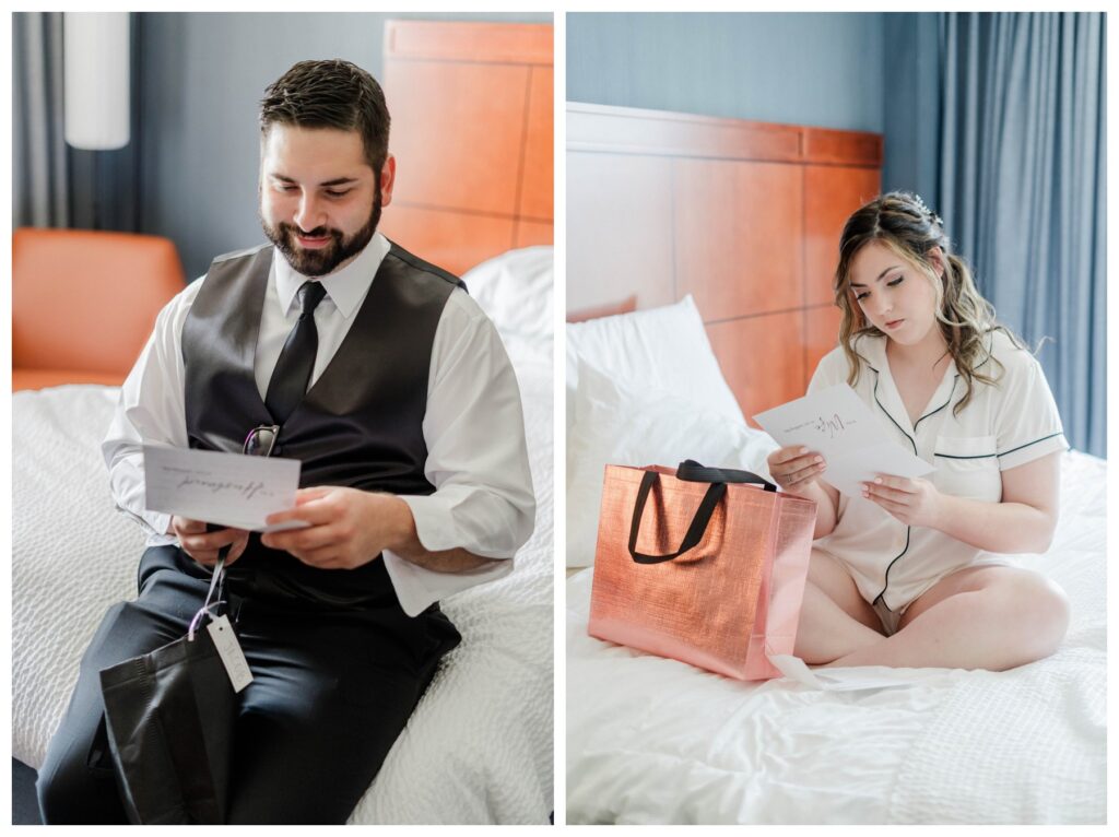 bride and groom reading notes to each other 