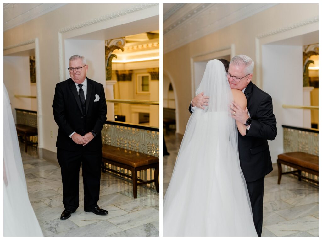 The First look with bride and dad at the Westin in Downtown Columbus 